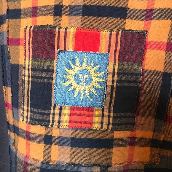 Upcycled Patchwork Hoodie, L-XL: Oversized Grunge Sweatshirt, Navy Plaid Flannel - Picture 13 of 15